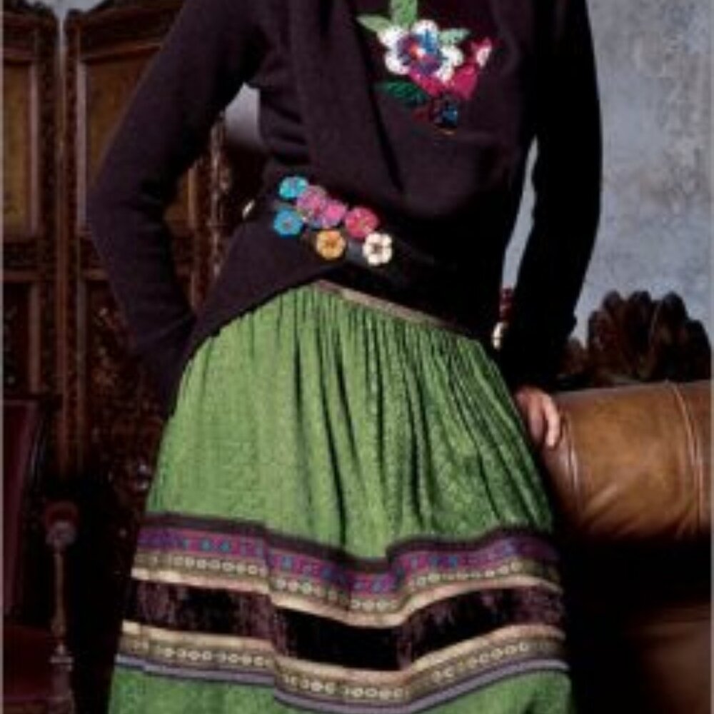 Vintage Vents d'Ailleurs Women's 6 Skirt Green Paisley Jacquard Velvet Trim BoHo